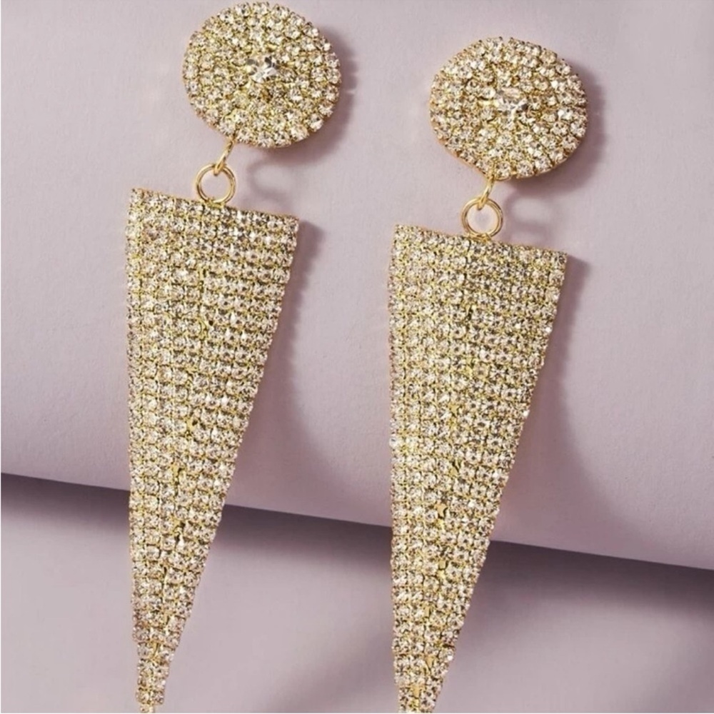 Gold Rhinestone Geometric Drop Earrings - Picture 2 of 3